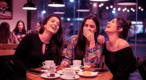 Tres amigas riendo y compartiendo un café, representando la importancia de la vida social, el apoyo entre colegas y la desconexión laboral para la salud mental de las modelos webcam