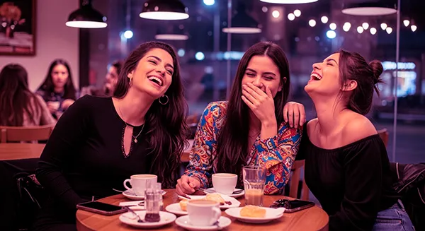 Tres amigas riendo y compartiendo un café, representando la importancia de la vida social, el apoyo entre colegas y la desconexión laboral para la salud mental de las modelos webcam