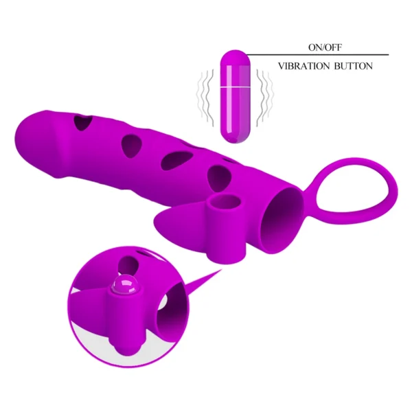 Funda vibradora para pene Pretty Love en silicona magenta, con bala vibradora extraíble y estimulador de clítoris – Athenea Studios Sex Shop – extensor de pene para placer en pareja, disponible en Bogotá y toda Colombia.