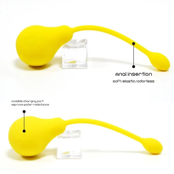 Huevo vibrador Pera color amarillo con control por App, diseñado para placer vaginal y anal – Athenea Studios Sex Shop – juguete versátil de silicona líquida con 9 modos, disponible en Bogotá y toda Colombia.