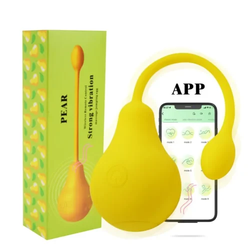 Huevo vibrador Pera color amarillo con control por App, diseñado para placer vaginal y anal – Athenea Studios Sex Shop – juguete versátil de silicona líquida con 9 modos, disponible en Bogotá y toda Colombia.