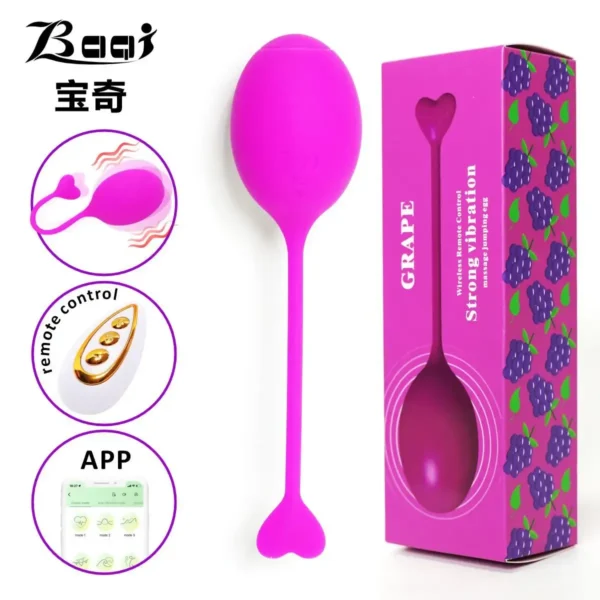 Huevo vibrador Uva con control por App en silicona líquida color morado, 9 modos de vibración – Athenea Studios Sex Shop – juguete discreto para uso a distancia, disponible en Bogotá, Medellín y toda Colombia.