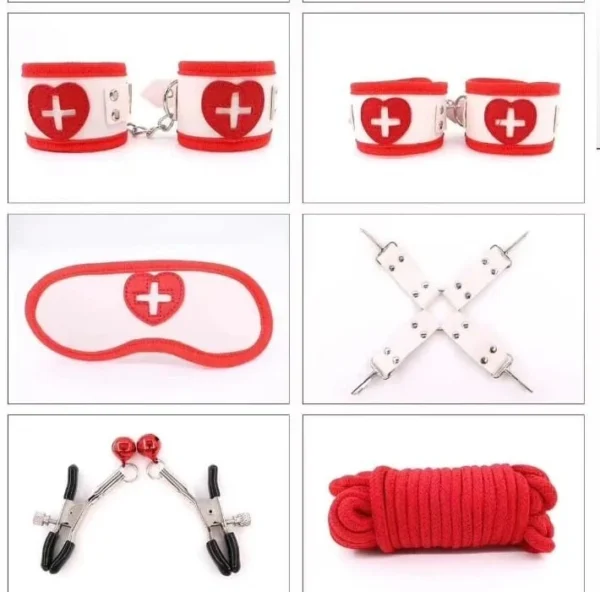 Kit de bondage temático de enfermera con 9 piezas, incluye esposas de cuerina suave y antifaz – Athenea Studios Sex Shop – set de BDSM para roleplay y principiantes, disponible en Bogotá, Medellín y toda Colombia