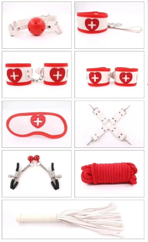 Kit de bondage temático de enfermera con 9 piezas, incluye esposas de cuerina suave y antifaz – Athenea Studios Sex Shop – set de BDSM para roleplay y principiantes, disponible en Bogotá, Medellín y toda Colombia