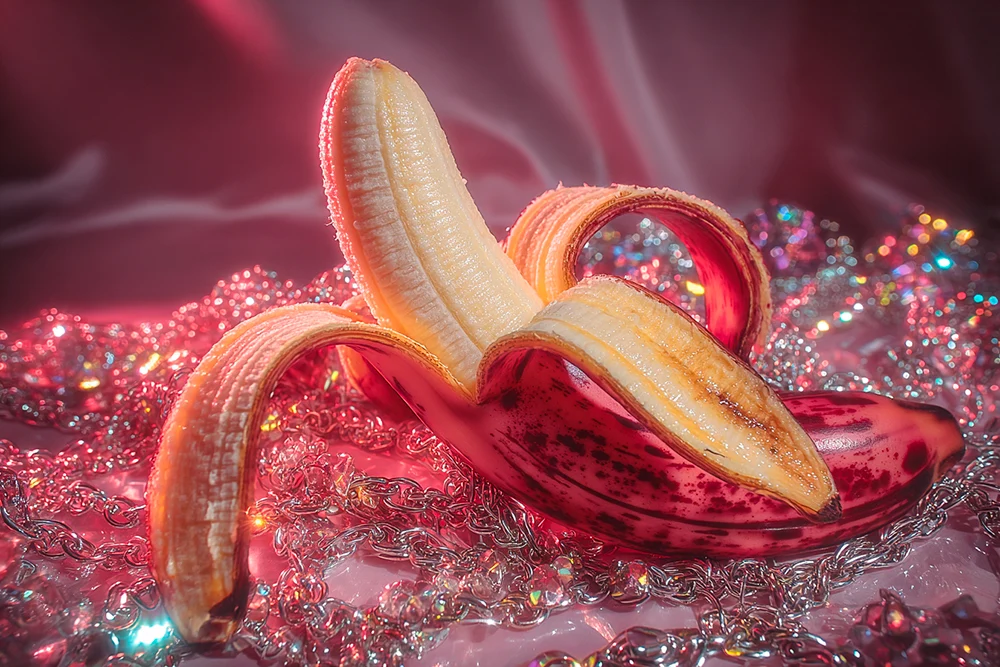 Inicio 19 Banana rosa semi-pelada sobre cadenas brillantes, evocando erotismo y placer exótico. Encuentra juguetes sexuales y lencería en Athenea Studios Sex Shop Colombia.