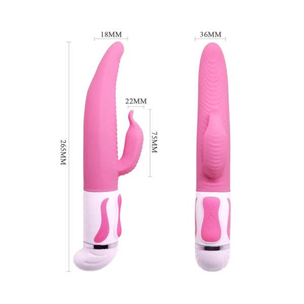 Vibrador Rabbit Antoine en silicona rosa con lengua giratoria, 12 funciones de vibración y 4 de rotación – Athenea Studios Sex Shop – para estimulación dual de punto G y clítoris, disponible en Bogotá, Medellín y toda Colombia.