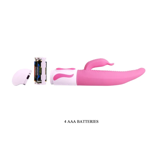 Vibrador Rabbit Antoine en silicona rosa con lengua giratoria, 12 funciones de vibración y 4 de rotación – Athenea Studios Sex Shop – para estimulación dual de punto G y clítoris, disponible en Bogotá, Medellín y toda Colombia.