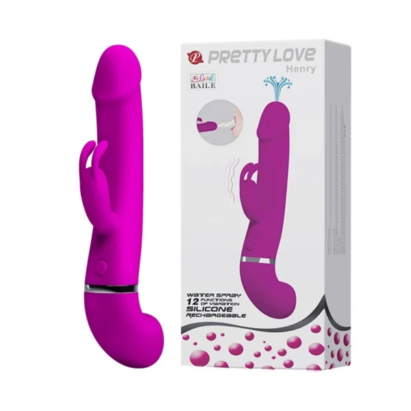 Vibrador Rabbit Henry color púrpura con función de chorro eyaculador (squirt) y 12 modos de vibración – Athenea Studios Sex Shop – juguete de silicona recargable para estimulación dual, disponible en Bogotá y toda Colombia