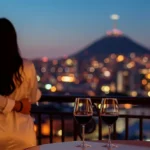 Pareja en una noche de pasión en uno de los mejores moteles de Cali, disfrutando la vista de la ciudad y Cristo Rey con copas de vino.