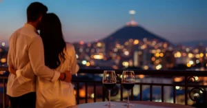 Pareja en una noche de pasión en uno de los mejores moteles de Cali, disfrutando la vista de la ciudad y Cristo Rey con copas de vino.