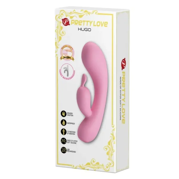 Vibrador Rabbit Hugo de Pretty Love en silicona híper suave color rosa, 12 funciones y 100% sumergible – Athenea Studios Sex Shop – juguete flexible para placer dual, disponible en Bogotá, Medellín y toda Colombia