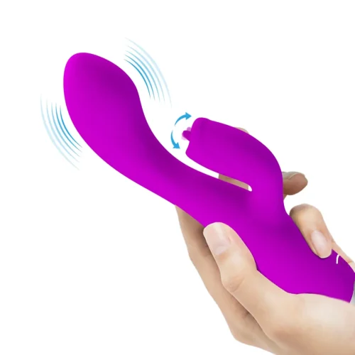 Vibrador Rabbit color púrpura con innovadora lengüeta de 3 modos de cosquilleo (tickling) y 12 de vibración – Athenea Studios Sex Shop – juguete sumergible de silicona para orgasmo dual, disponible en Bogotá y toda Colombia.