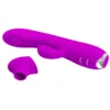 Vibrador Rabbit 3-en-1 color magenta, combina succionador de clítoris con vibrador de punto G, 12 funciones – Athenea Studios Sex Shop – juguete recargable de silicona para orgasmo triple, disponible en Bogotá y toda Colombia