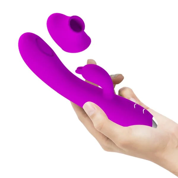 Vibrador Rabbit 3-en-1 color magenta, combina succionador de clítoris con vibrador de punto G, 12 funciones – Athenea Studios Sex Shop – juguete recargable de silicona para orgasmo triple, disponible en Bogotá y toda Colombia