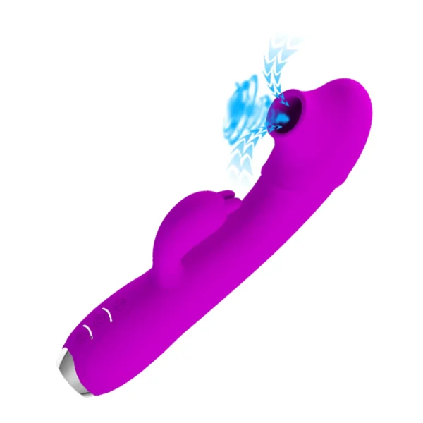 Vibrador Rabbit 3-en-1 color magenta, combina succionador de clítoris con vibrador de punto G, 12 funciones – Athenea Studios Sex Shop – juguete recargable de silicona para orgasmo triple, disponible en Bogotá y toda Colombia