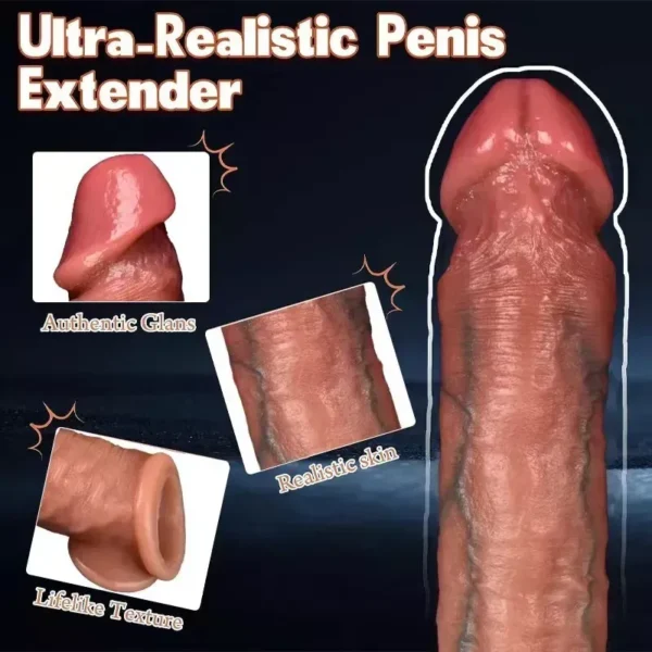 Funda extensora de pene hiper realista en TPE con sujeción testicular – Athenea Studios Sex Shop – juguete para engrosamiento y retardo con textura piel, disponible en Cali, Bogotá y toda Colombia