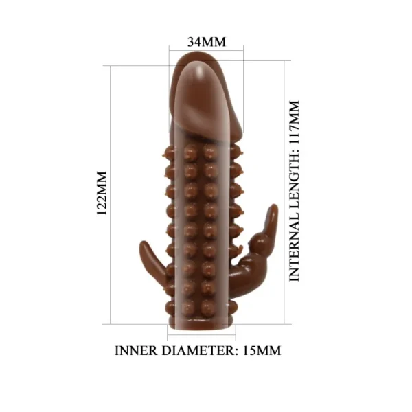 Funda extensora de pene realista color moreno con testículos y estimulador de clítoris – Athenea Studios Sex Shop – juguete para aumentar largo y grosor con textura venosa, disponible en Cali, medellin, pereira, Bogotá y toda Colombia