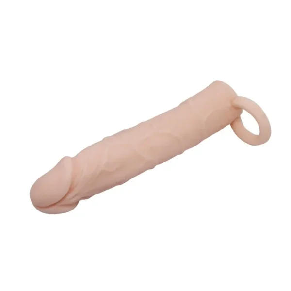 Funda extensora de pene XL de 18 cm con textura piel real y anillo testicular – Athenea Studios Sex Shop – juguete realista para aumento máximo de tamaño, disponible en Cali, Medellin, Bogotá y toda Colombia.