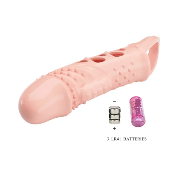 funda-extensora-vibradora-cecelia-punta-vibrante-anillo-athenea-studios-juguetes-sexuales Funda extensora para pene Cecelia con vibrador en la punta y anillo testicular color piel – Athenea Studios Sex Shop – juguete para aumentar largo y grosor con vibración, disponible en Bogotá y toda Colombia