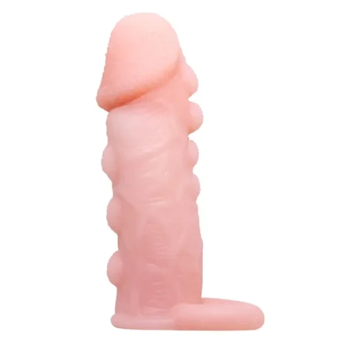 Funda para pene Brave Man tono piel con textura de balines y anillo testicular – Athenea Studios Sex Shop – extensor de pene realista manual para mayor grosor, disponible en Bogotá y toda Colombia