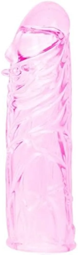 Funda para pene de silicona rosa transparente con textura de nódulos – Athenea Studios Sex Shop – extensor de pene suave para parejas, disponible en Bogotá y toda Colombia.