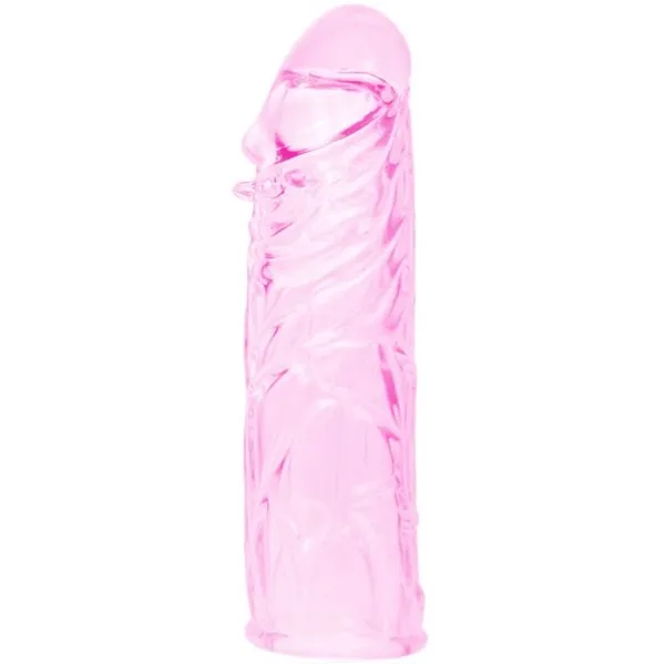 Funda para pene de silicona rosa transparente con textura de nódulos – Athenea Studios Sex Shop – extensor de pene suave para parejas, disponible en Bogotá y toda Colombia.