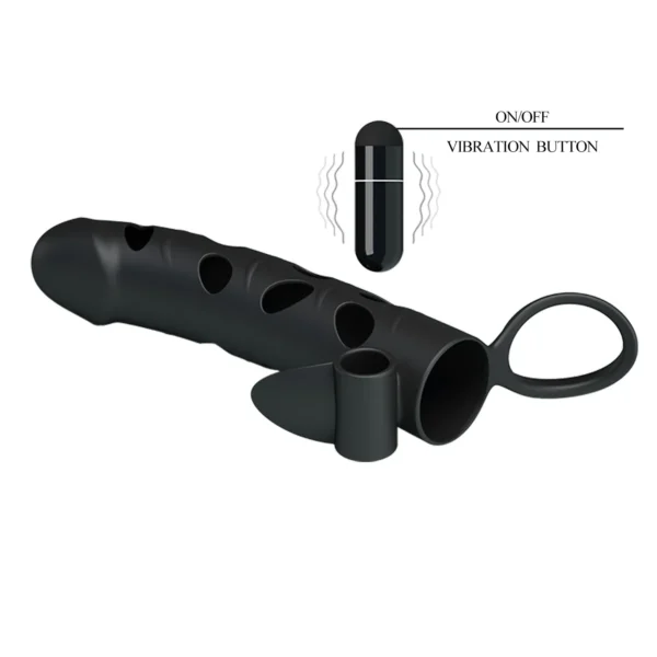 funda-pene-vibradora-black-textura-red-anillo-athenea-studios-juguetes-sexuales (3) Funda para pene vibradora color negro con textura de red y anillo testicular – Athenea Studios Sex Shop – extensor con vibración para placer en pareja, disponible en Bogotá y toda Colombia