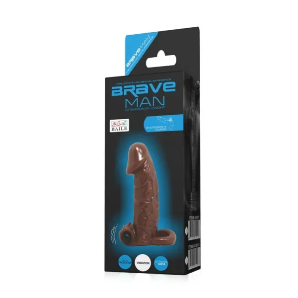 Funda para pene vibradora Brave Man color moreno con venas realistas y anillo testicular – Athenea Studios Sex Shop – extensor con vibración para engrosamiento, disponible en Bogotá y toda Colombia