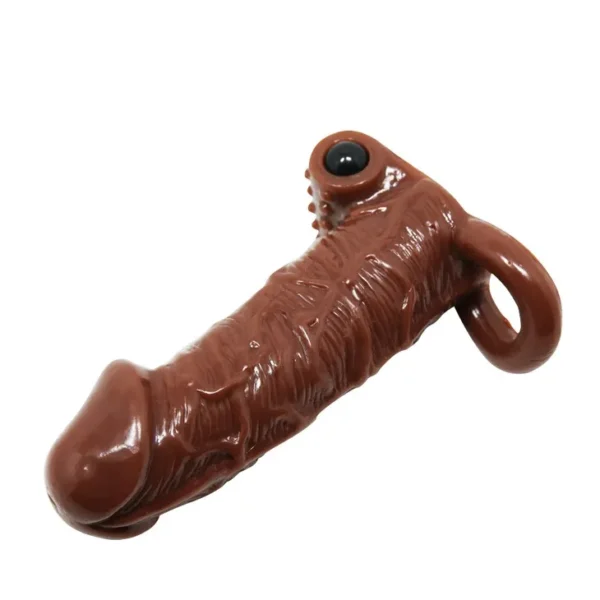 Funda para pene vibradora Brave Man color moreno con venas realistas y anillo testicular – Athenea Studios Sex Shop – extensor con vibración para engrosamiento, disponible en Bogotá y toda Colombia