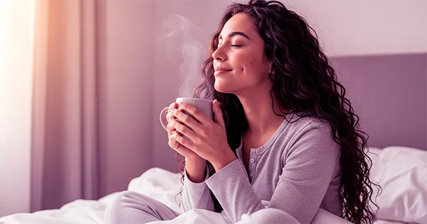 Por qué una Buena Vida Sexual es Clave para tu Salud Mental 3 Mujer joven relajada y sonriendo plácidamente en la cama con una taza de café, representando la conexión entre el bienestar sexual, la reducción del estrés y la salud mental.