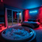 Pareja en una noche romántica en la terraza de un motel de lujo en Cali, brindando con vino y disfrutando de la vista nocturna de la ciudad y el Cerro de las Tres Cruces.