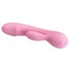Vibrador Rabbit Ron de silicona suave tacto algodón, color rosa, con 12 funciones y memoria inteligente – Athenea Studios Sex Shop – juguete recargable para estimulación de punto G y clítoris, disponible en Bogotá y toda Colombia