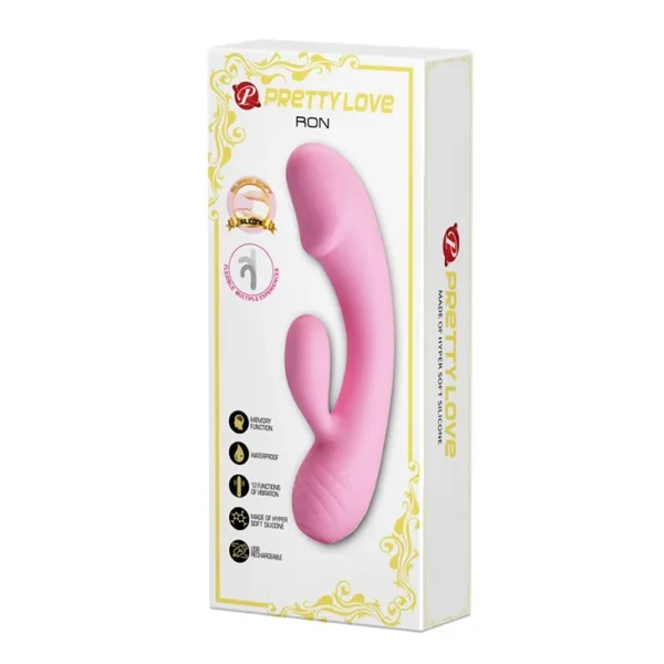 Vibrador Rabbit Ron de silicona suave tacto algodón, color rosa, con 12 funciones y memoria inteligente – Athenea Studios Sex Shop – juguete recargable para estimulación de punto G y clítoris, disponible en Bogotá y toda Colombia